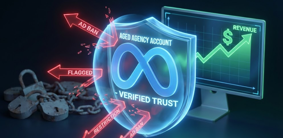 A secure, aged Meta agency ad account shield protecting a business from ad bans and restrictions while revenue scales.