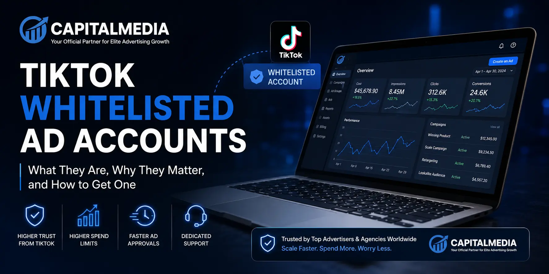 Capital Media Hub TikTok whitelisted ad account dashboard with high trust advertising infrastructure